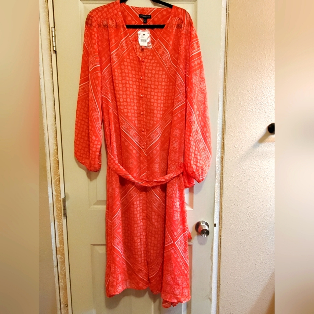 Lane Bryant 26/28W Red and White Maxi Sheer Dress or duster NWT